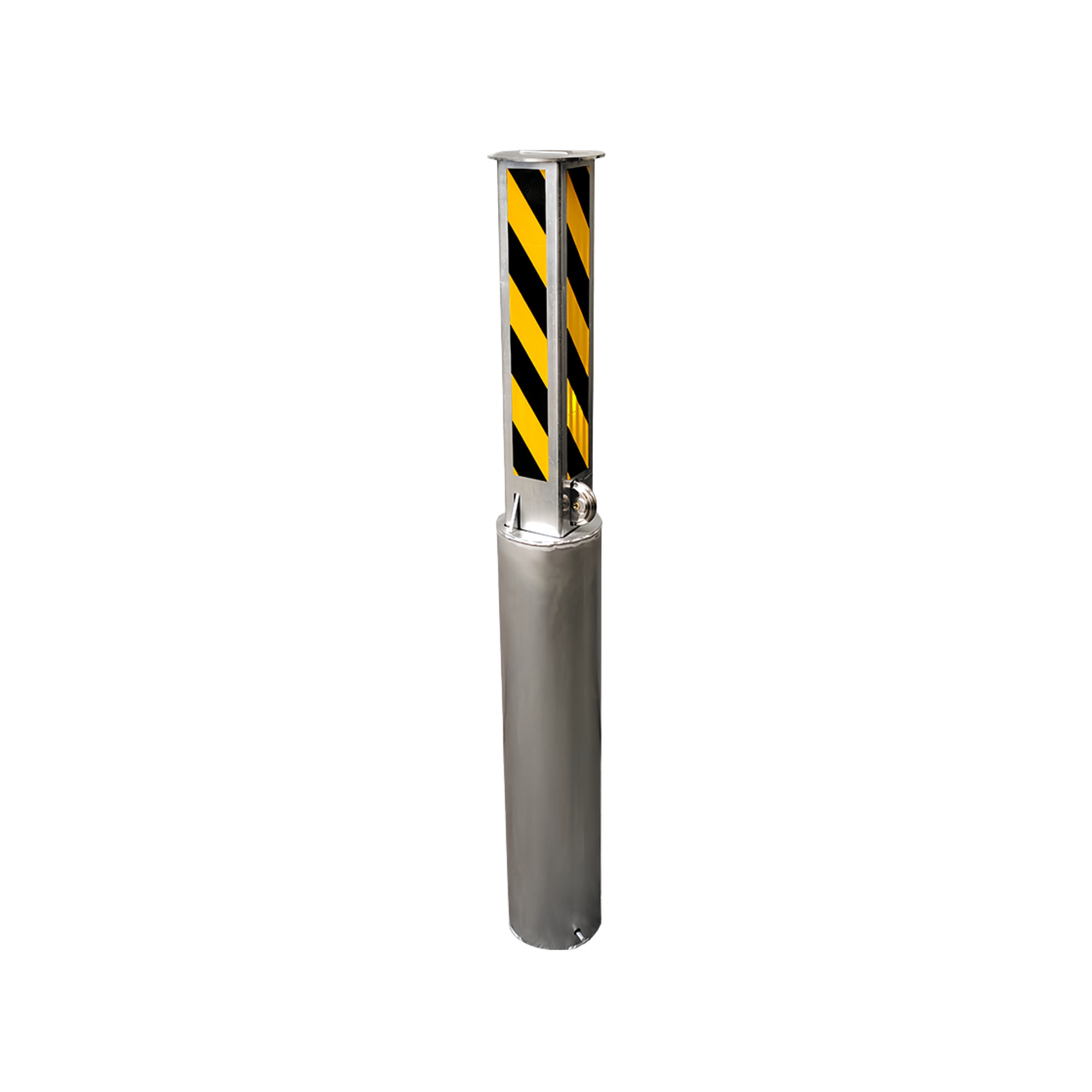 Metallic bollard with black and yellow striped top on a white background