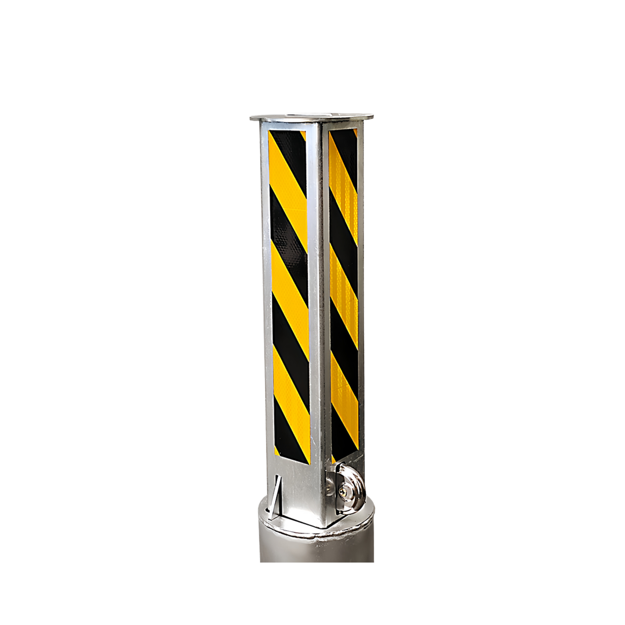 Bollard with black and yellow striped pattern on a white background