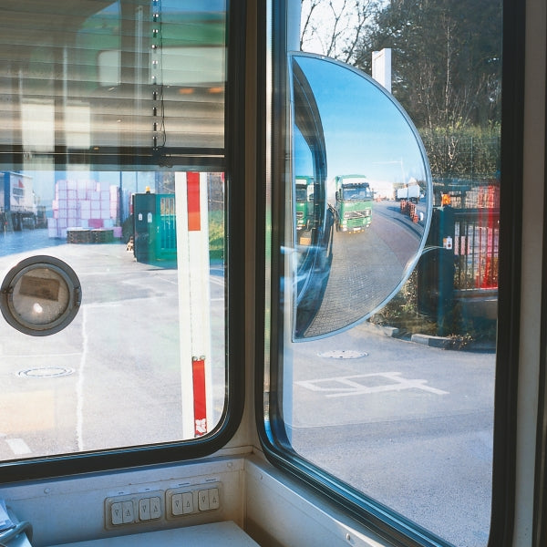 Convex mirror on security hut