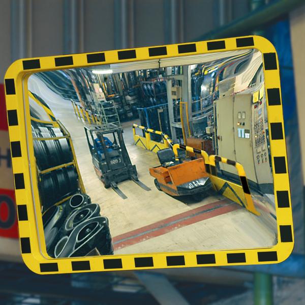 Convex mirror showing industrial machinery
