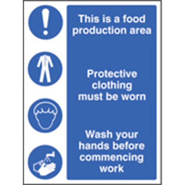This Is A Food Production Area/ Protective Clothing/Wash Your Hands Mandatory Sign